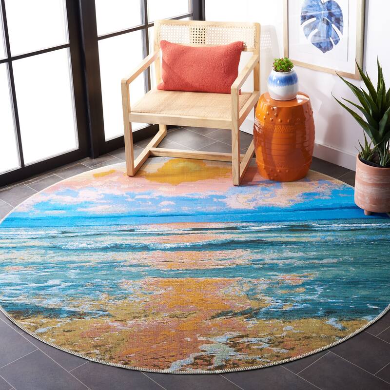 SAFAVIEH Barbados Momka Tropical Indoor/ Outdoor Waterproof Patio Backyard Rug - 6'6" Round - Gold/Blue
