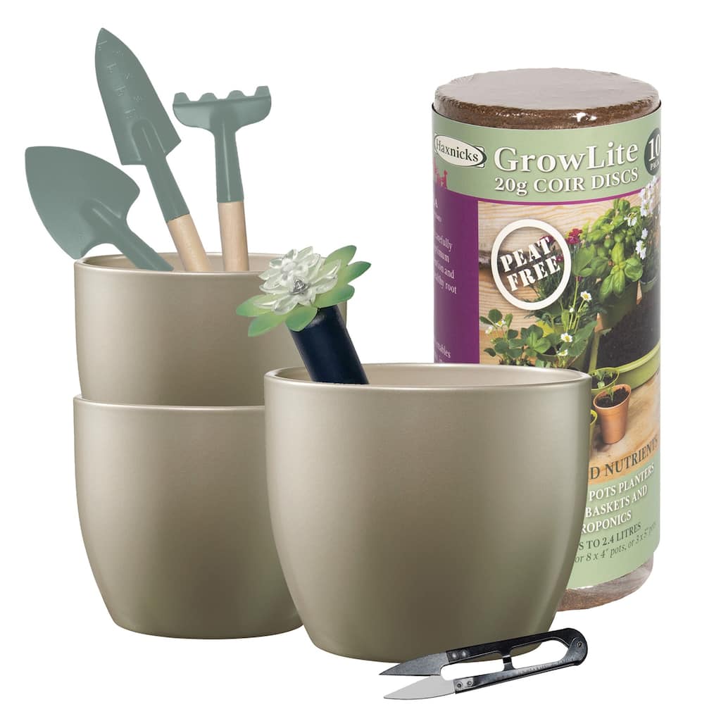 Basel Elegance Indoor Ceramic Plant Pot Kit Gray Beige Metallic with Soil Tools and Moisture Meter - 6.3" & 5.1"D