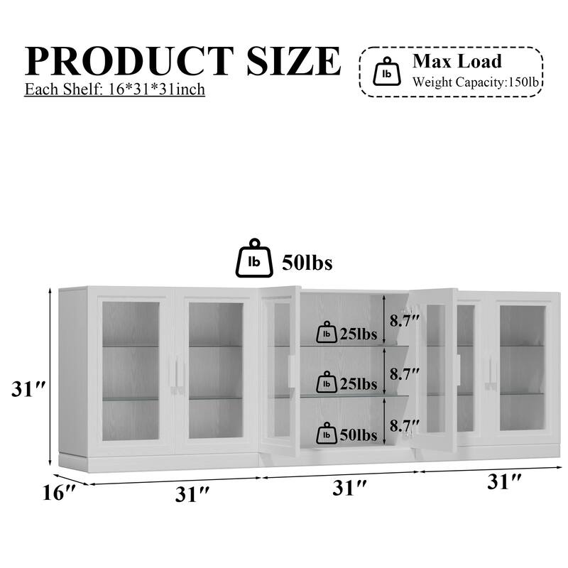 3-Set Glass Door Sideboard Buffet Storage Cabinets with Adjustable Shelves - 93"Lx31"H