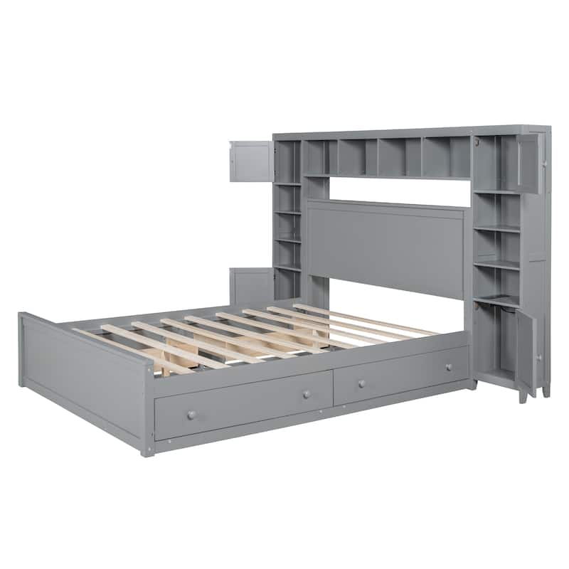 Queen Size Wooden Bed with All-in-One Cabinet, Shelf and Sockets, White