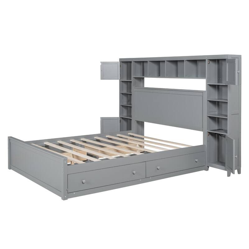 Queen Wooden Platform Bed with Cabinet, Shelves, and Drawers