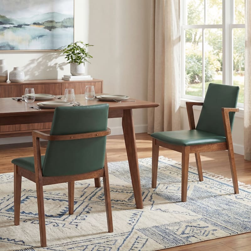 Christopher Knight Home - Mid-Century Modern Upholstered Wood Dining Arm Chairs with Ergonomic Armrests & Backrest, Set of 2 - Green PU+Walnut Legs