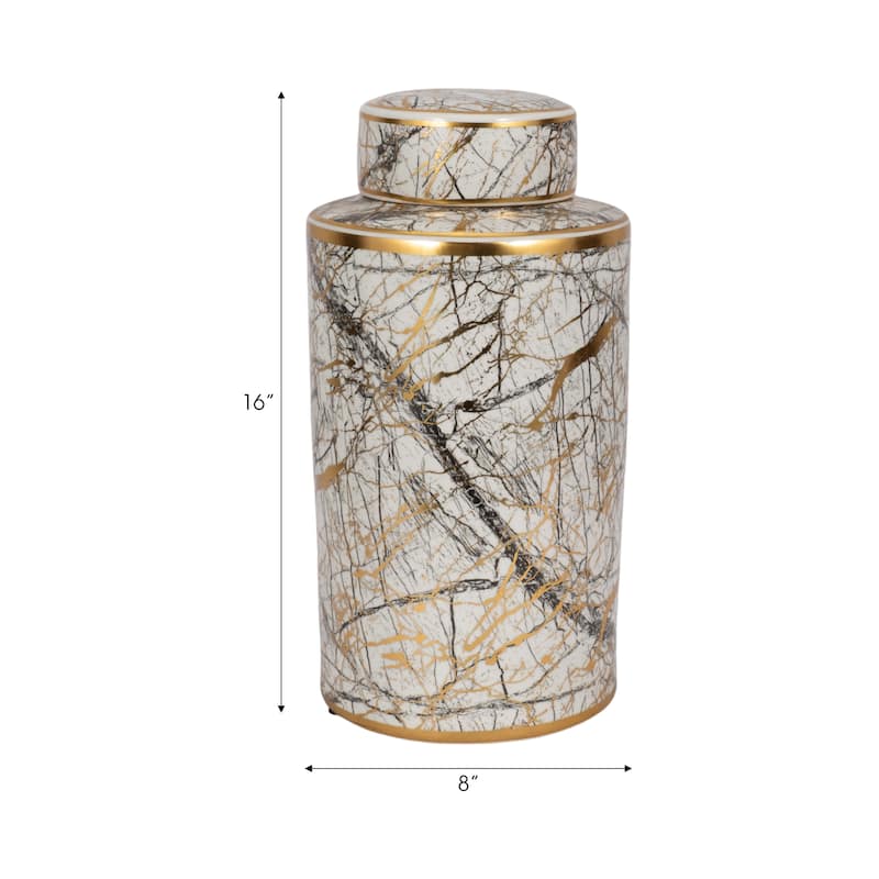 16" Ceramic Jar with Lid Contemporary Decorative Glassware in White, Black and Gold Storage Canister Decor - 8" x 8" x 16"