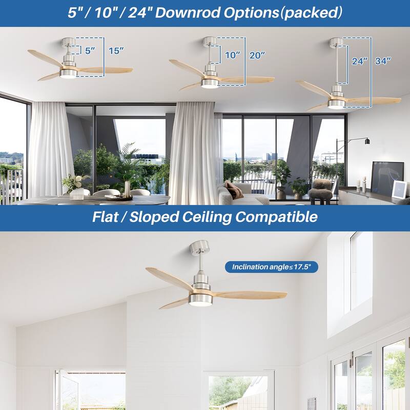 52 inch Wood Ceiling Fan with Light and Remote, Dimmable LED and Reversible DC Motor