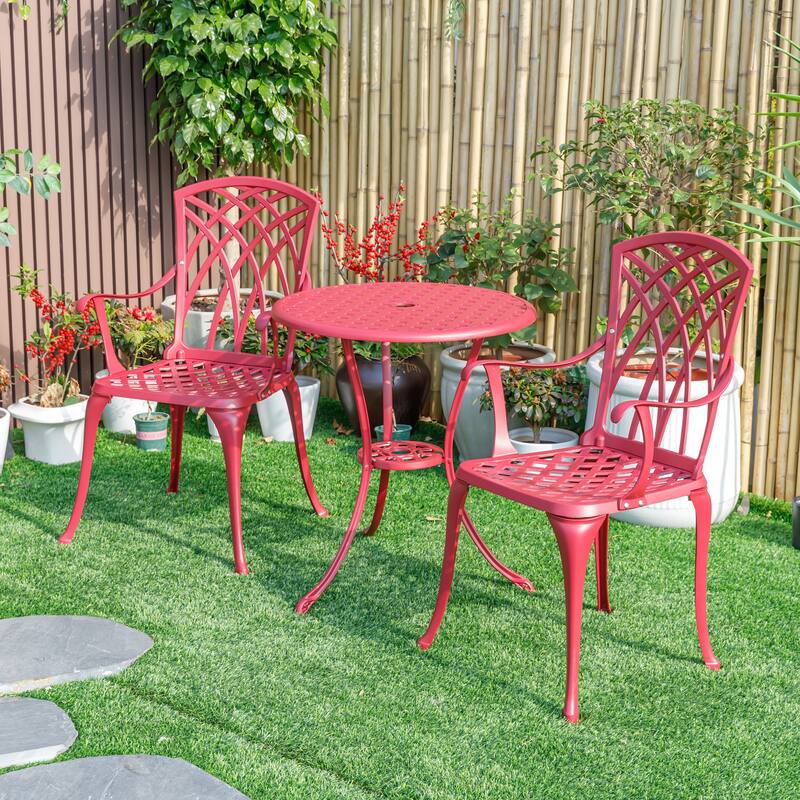 3-Piece Cast Aluminum Outdoor Bistro Set with LED Lights - 35" - Red