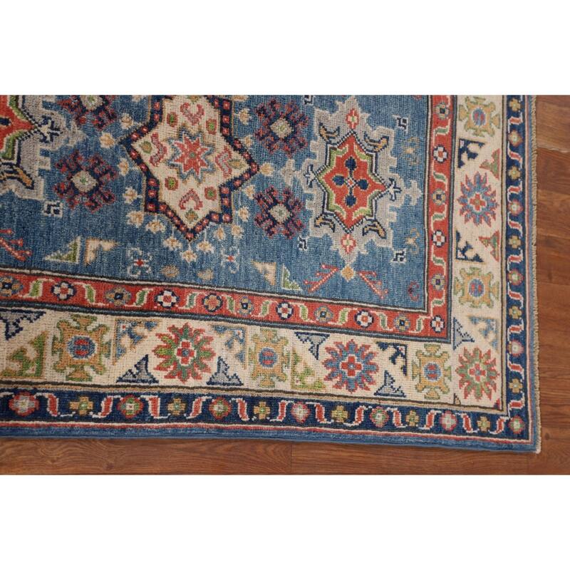 Blue Geometric Kazak Accent Rug Handmade Wool Carpet - 2'8" x 4'3"
