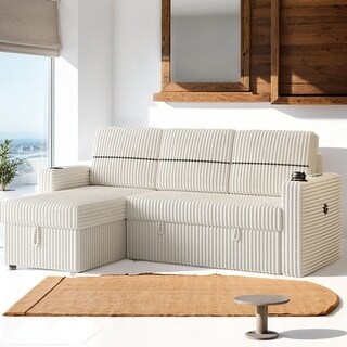 85'' Corduroy Pull Out Sleeper Sofa Bed Couch with Storage Chaise,Two ...