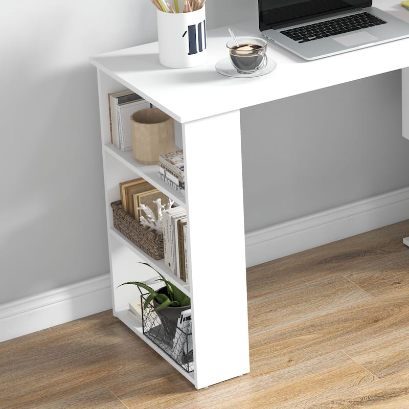 HOMCOM 360° Rotating L-Shaped Corner Desk: White, with Storage Shelves