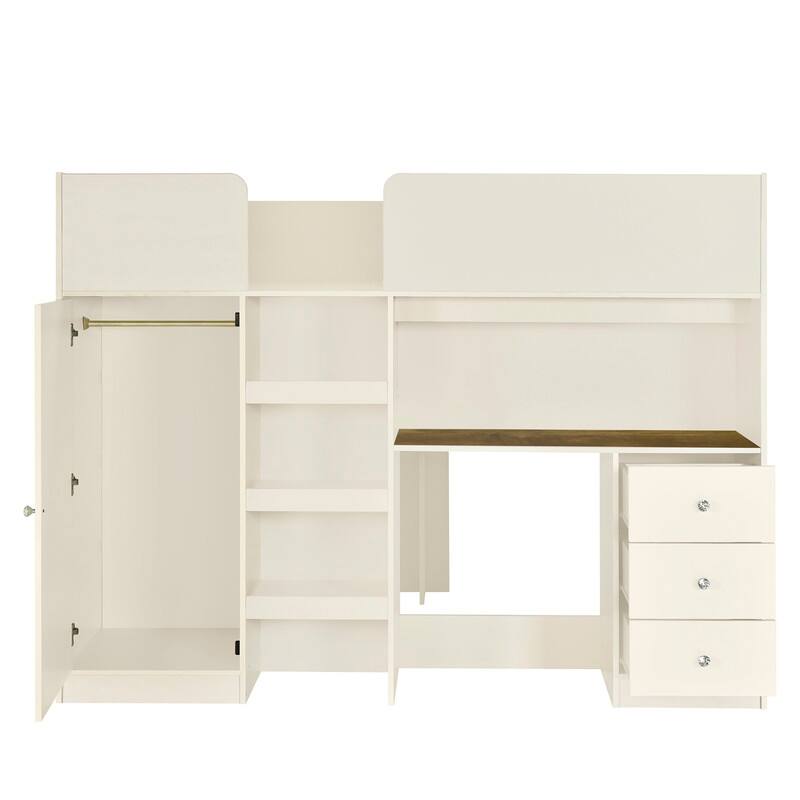 Wood Full Size Loft Bed with Built-in Wardrobe, Multifunctional Bed Frame with Desk, Storage Shelves and Drawers