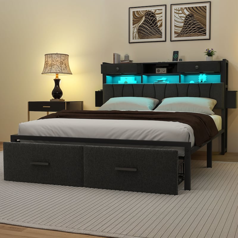 Linen Upholstered Platform Bed with Hidden Headboard Storage Charging Station and 2 Drawers