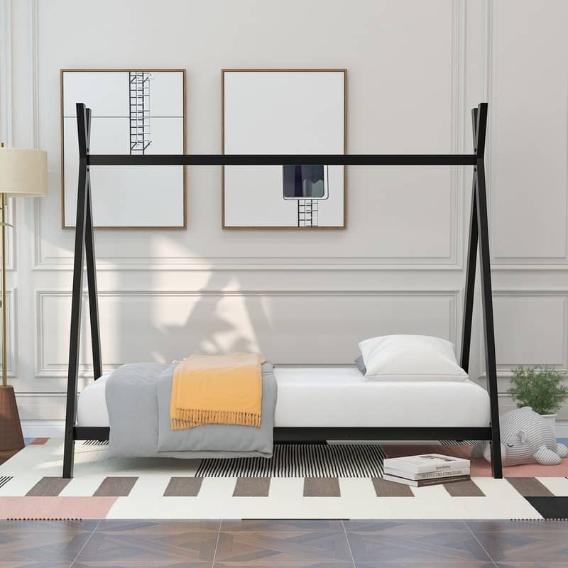Twin Size Metal Floor Play Tent Bed House Bed with Slat for Kids