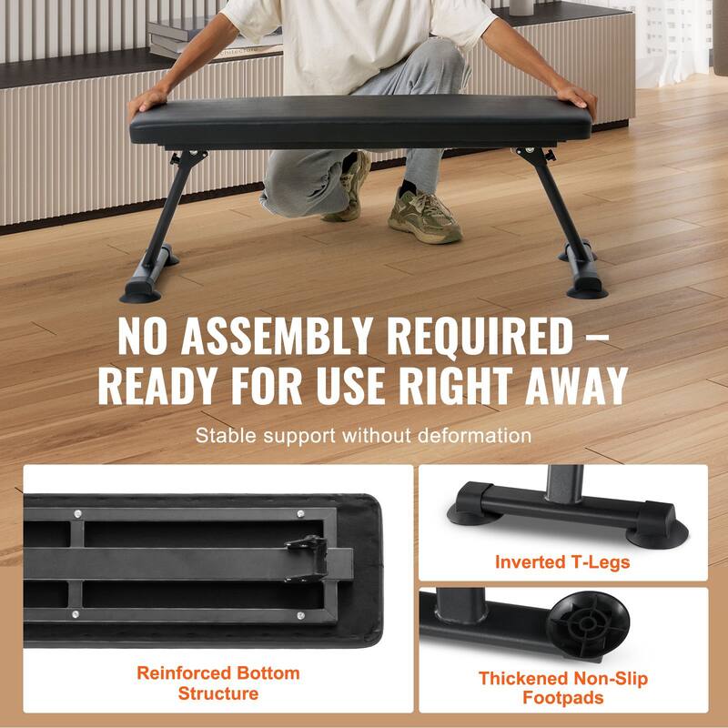 Black Steel Foldable Flat Weight Bench 1000lbs with Thick Cushion - 45.7" x 17" x 16.7"