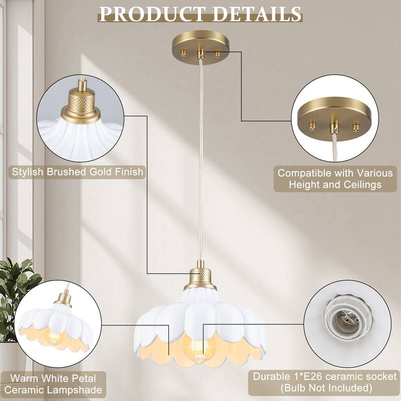 Modern Brushed Gold Pendant Light with Ceramic Flower Shade Fixture - Dia.10-in