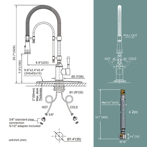 dimension image slide 1 of 12, WOWOW Single Handle Gooseneck Pull Down Sprayer Kitchen Faucet