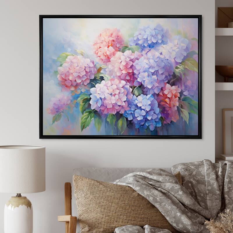 Designart "Purple Pink Hydrangea Romantic Impression" Floral Framed Wall Art Living Room - 40 in. wide x 30 in. high - Black
