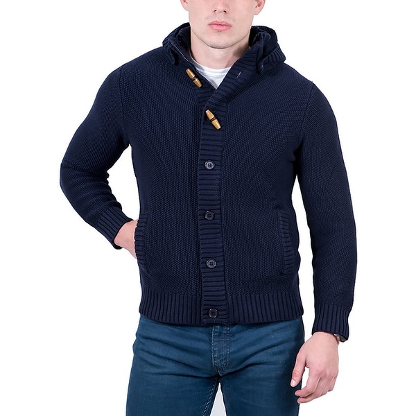 Cashmere Company Navy Blue Waffle Knit Hooded Cardigan