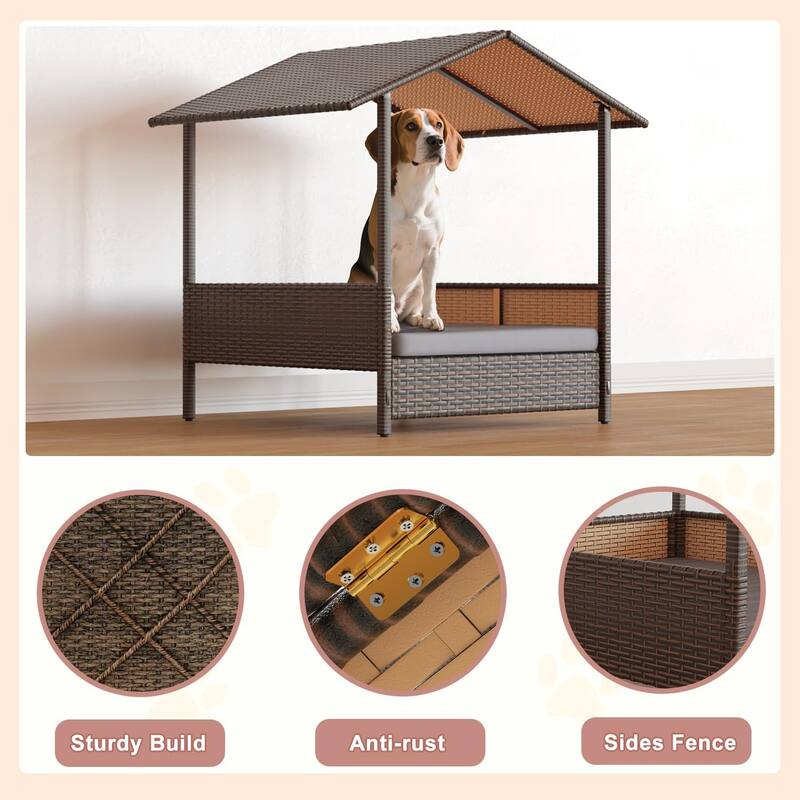BOSSIN PE Rattan Dog House with Canopy - Indoor/Outdoor Shelter for Small/Medium Dogs, Removable Cushion - Patio,Yard, Poolside