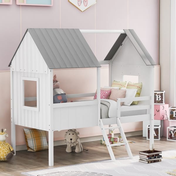slide 2 of 11, Twin Size Low Loft Bed with with Two Side Windows, House-shaped Bed with Ladder, Pine Wooden Bed with Guardrail, White+Gray White+Gray