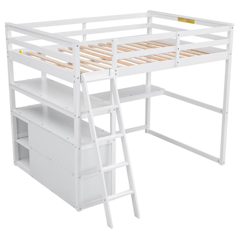 Full Size Loft Bed with Desk, Shelves, and Storage Drawers, Solid Wood Frame