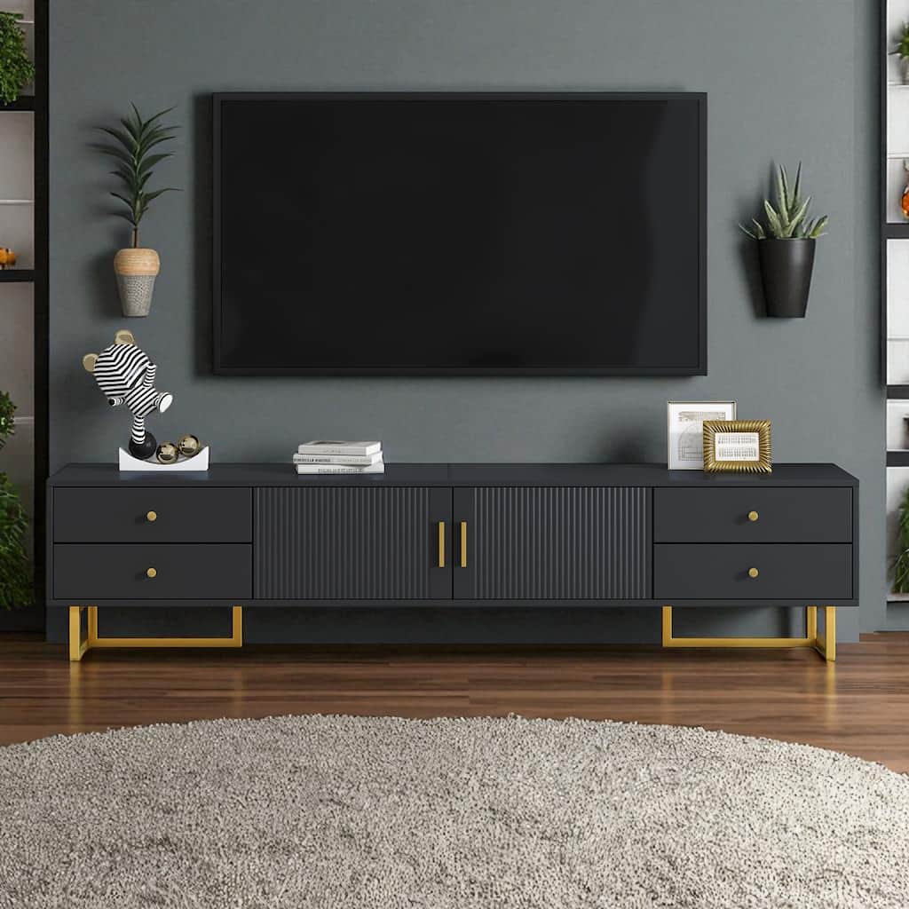 70.9" Modern TV Stand for TVs up to 75", Media Console with 4 Drawers, 1 Cabinet, Wave Groove Doors & Metal Frame