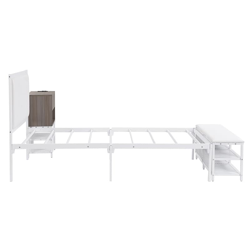 Full-Size Upholstered Metal Platform Bed with Dual Storage Shelves, Wooden Cabinet, and Cushioned Footrest