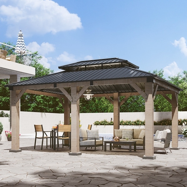 Aoxun Double Roof Outdoor Wood Gazebo - On Sale - Bed Bath