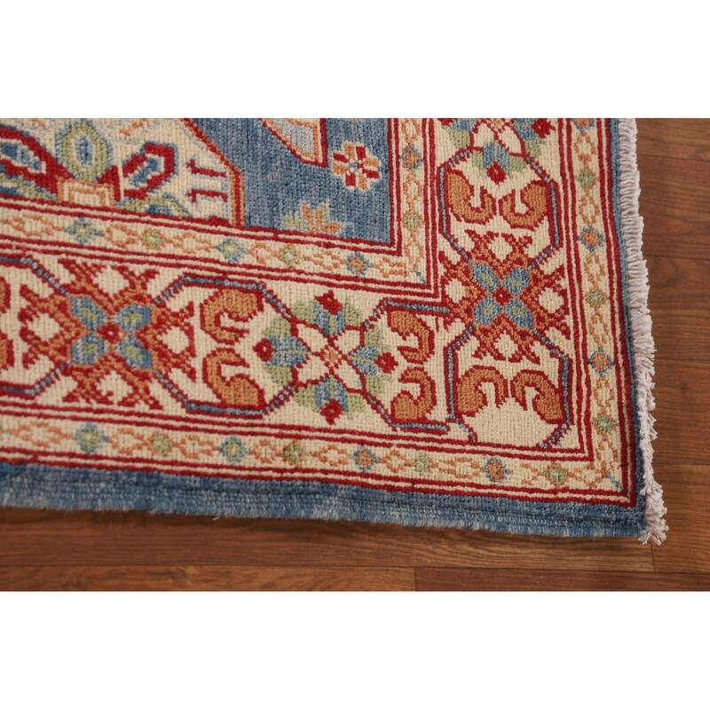 Blue Geometric Kazak Accent Rug Handmade Wool Carpet - 3'2"x 4'8"