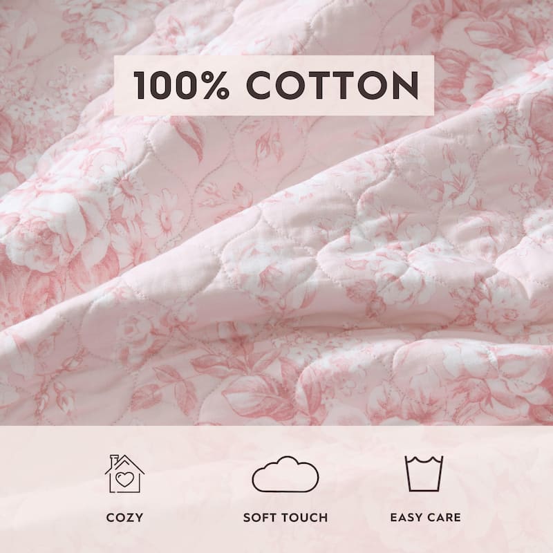 Laura Ashley Toile Delightful Cotton Reversible Pink Quilt Set