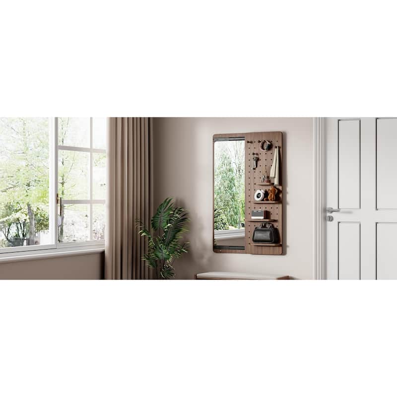 Wall Mounted Full Length Mirror with Shelf and Hook Wall Mounted Mirror with Multifunctional Design Panel(47.6*15.7in)