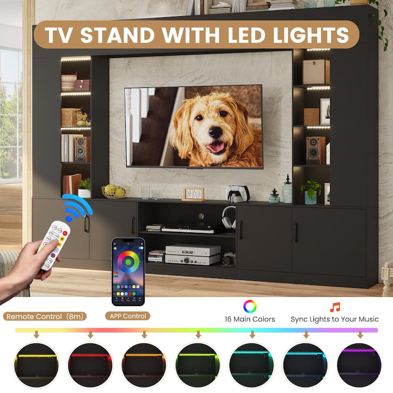 EROMMY 112" Wall Unit TV Stand with LED Lights, Bookshelves and Storage Cabinets for Living Room
