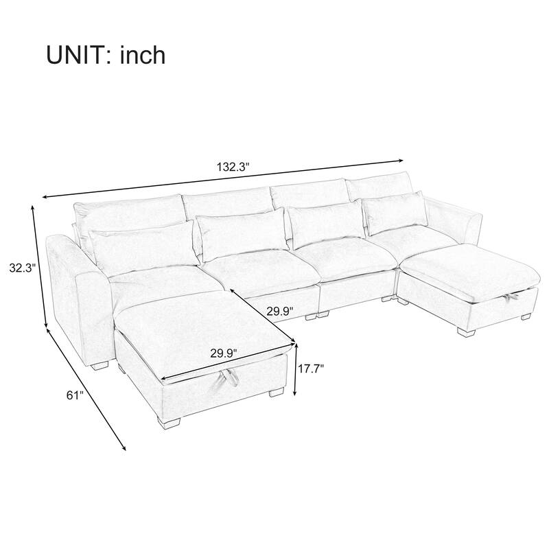 Modular Sectional Sofa, Upholstered Corner Sofa with 2 Storage Ottomans and 4 Pillow, U-shaped Solid Wood Deep Seat Sofa