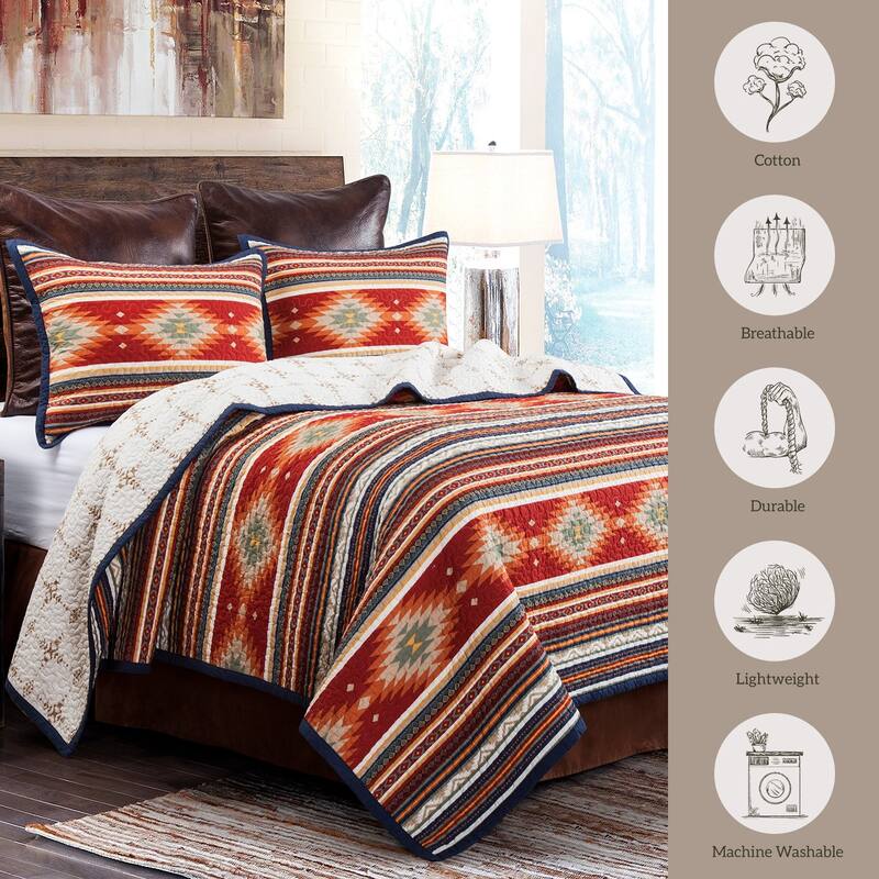 Paseo Road Del Sol Aztec Western Bedding 3 Piece Reversible Quilt Set with Pillow Shams