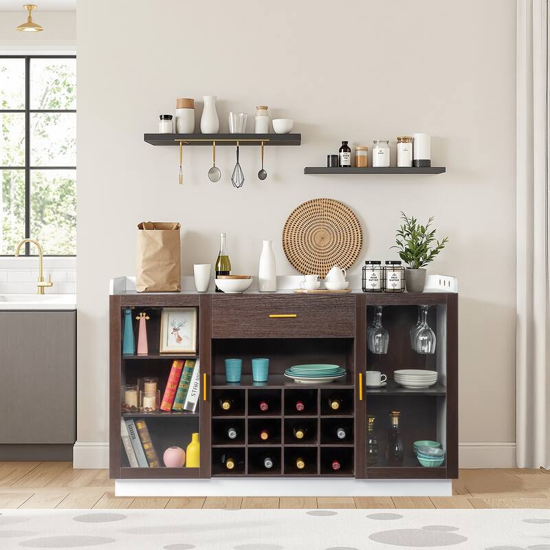 Stylish Sideboard with Wine Rack Glass Doors and Storage Drawer for Dining Room - 55.12" x 15.75" x 35.43"