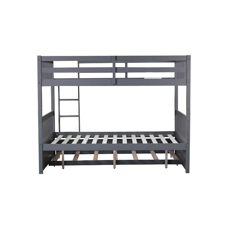 Convertible Full Over Full Rubber Wood Bunk Bed with Trundle, Ladder and Guardrails
