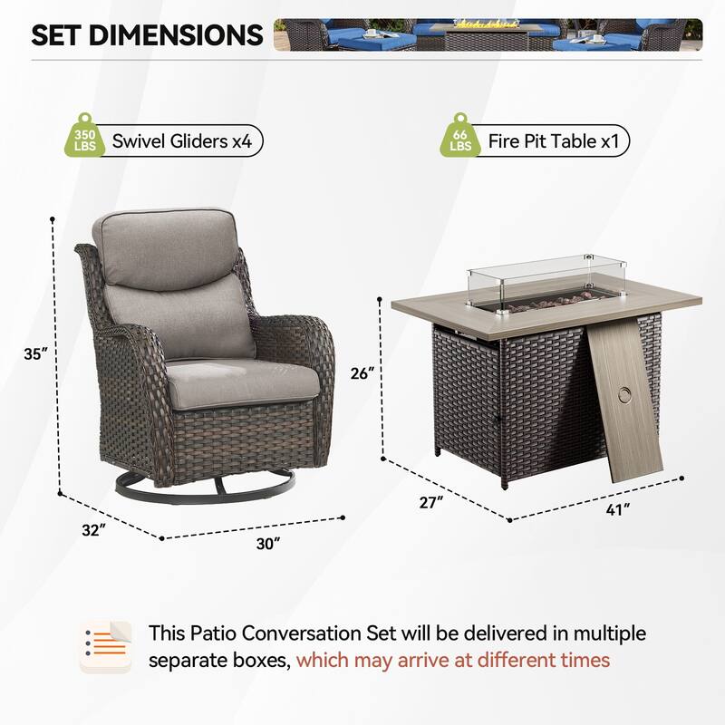 5 Pieces Outdoor Swivel Chairs Fire Pit Table with 5-Inch Thick Cushions