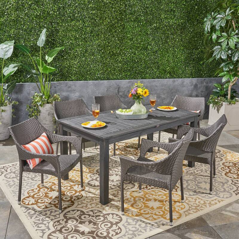 Damon Outdoor 7 Piece Wood and Wicker Expandable Dining Set by Christopher Knight Home - dark gray + gray