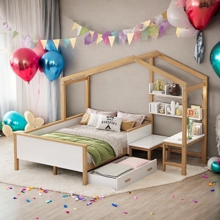 Full Size House Bed with Desk & Storage, White/Natural