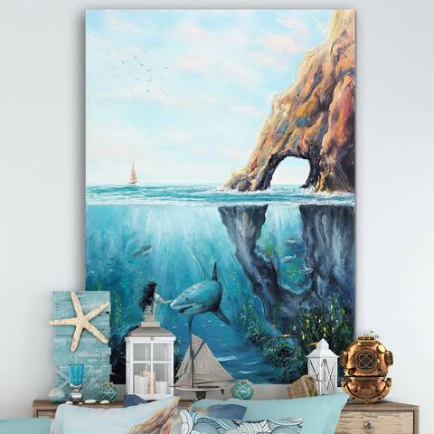 Designart "Underwater Fairy And Shark Ocean And MountaIn World" Nautical & Coastal Canvas Wall Art Print