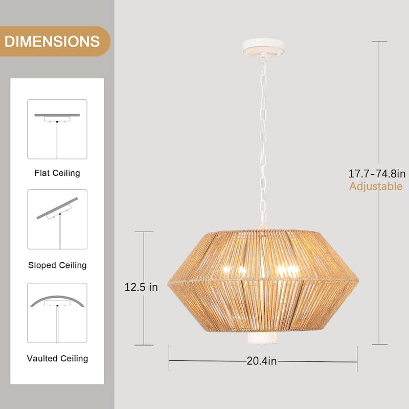 4-Light Bohemian Hand Woven Drum Chandelier Rattan Pendant - N/A