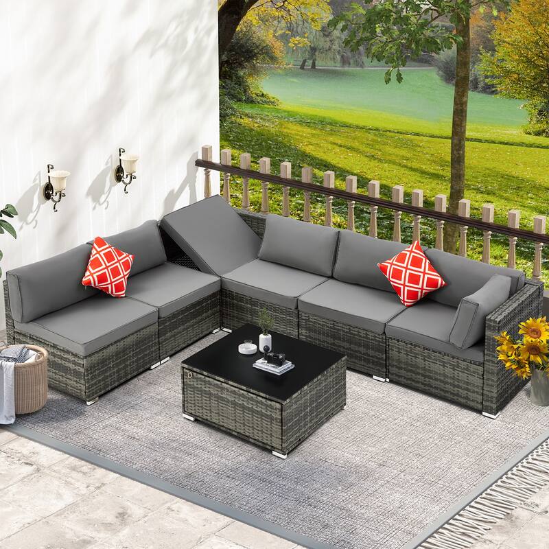 EROMMY 6/7 Piece Modular Outdoor Rattan Sofa Set, All-Weather Wicker Patio Furniture with Storage Table, Cushions & Pillows
