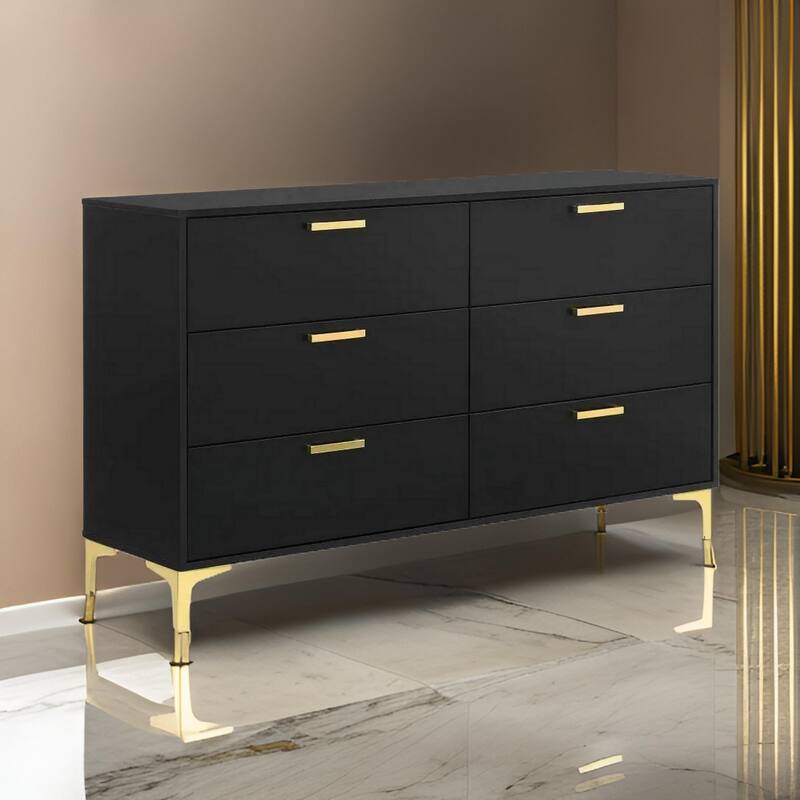 59 Inch Wood Dresser with 6 Drawers, L Shaped Legs, Modern Gold, Black