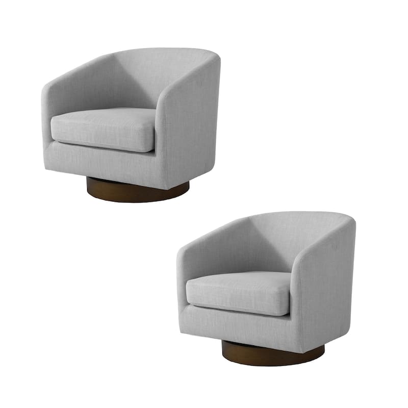 Faux Leather Wide Seat Swivel Barrel Chair - 2 Set/Brown Base - Light Gray/Linen