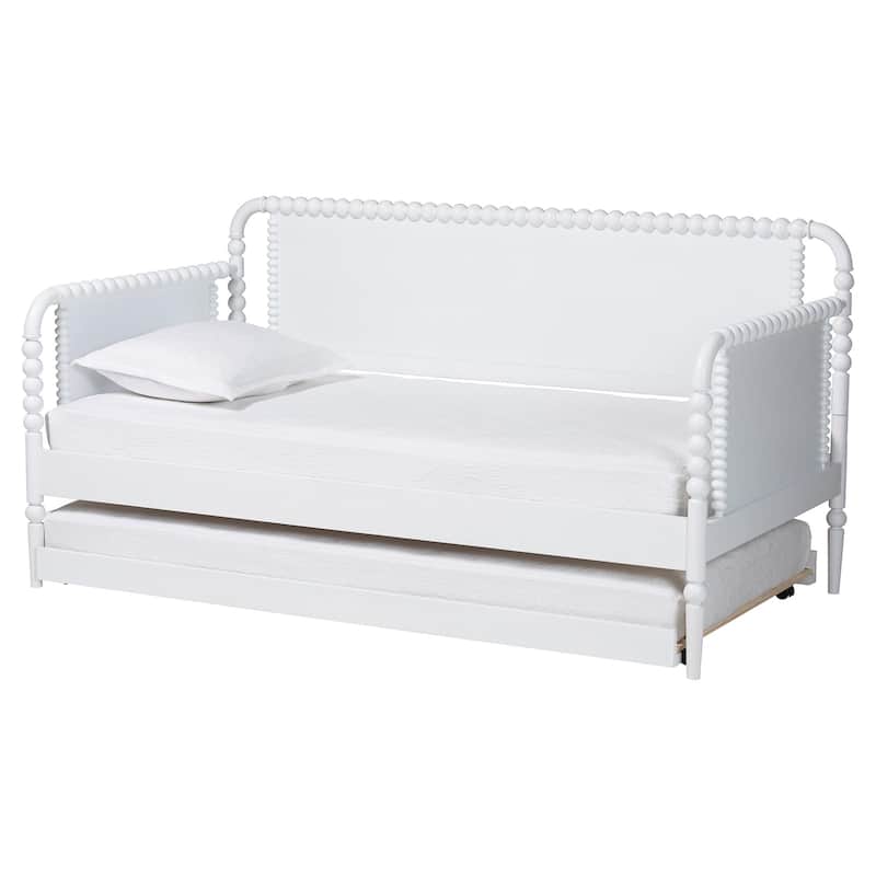 Lucera Bobbin Daybed with Rolling Trundle - Wooden Bed Frame with Turned Spindle Detailing, Classic Style Sofa Bed - White - Twin