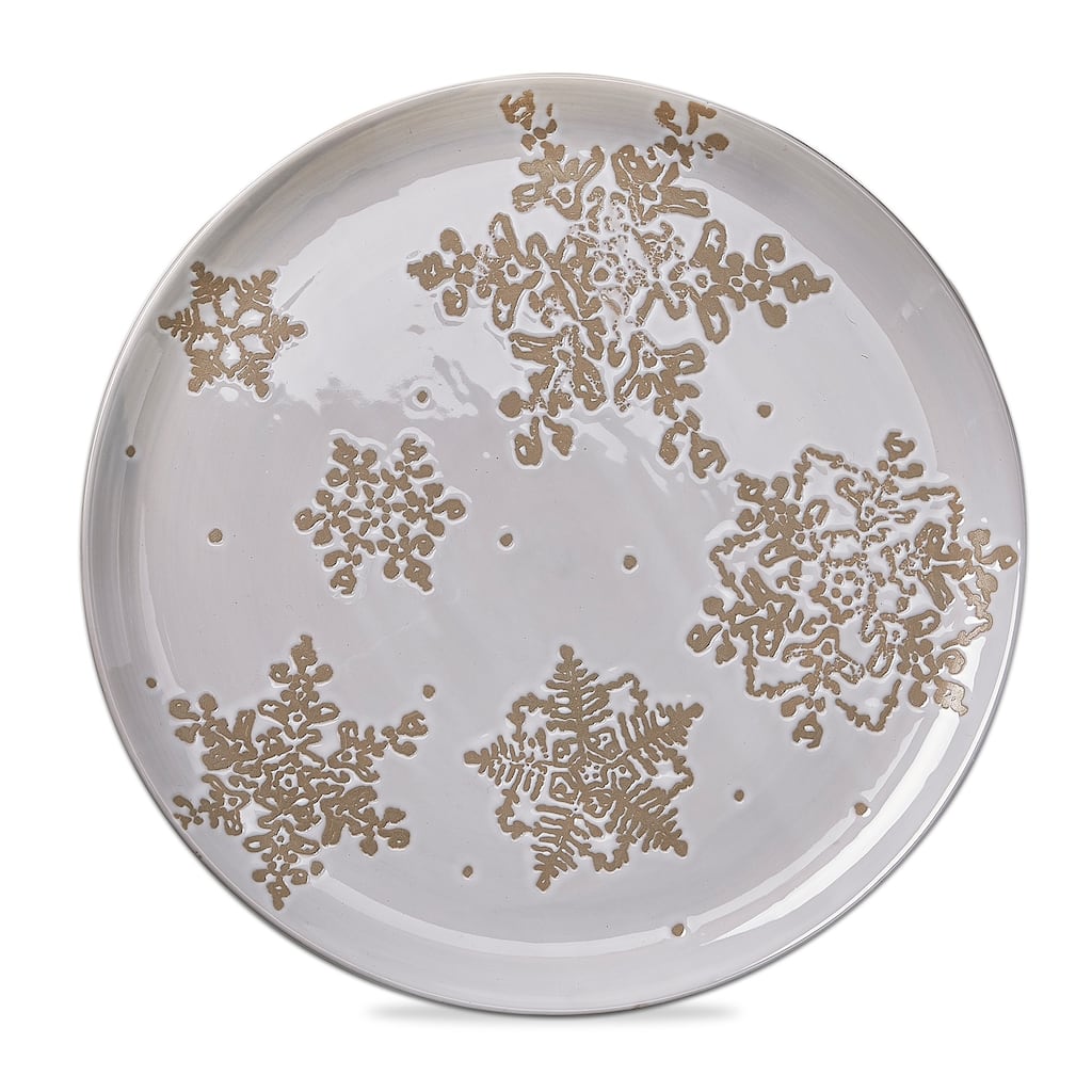 "Falling Snow Platter" Winter Gold Snowflake 14-inch Round White Dolomite - 14 x 14