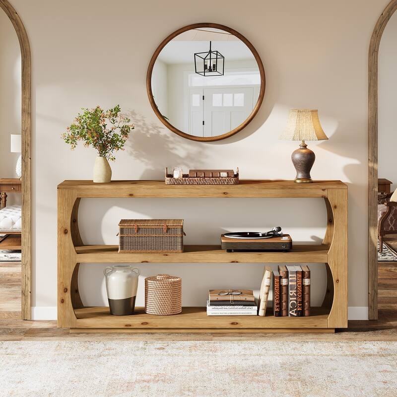 63 Inch Solid Wood Console Table for Entryway, 3 Tier Narrow Long Sofa Table for Living Room, Hallway