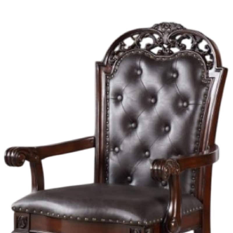 Eva Carved Dining Armchair Set of 2, Brown Tufted Faux Leather, Cherry