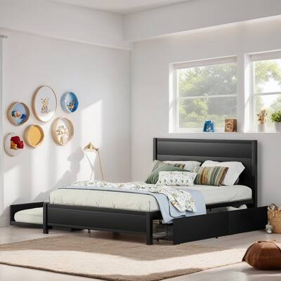 Queen Size Platform Bed with Twin Size Trundle, Metal Bed Frame with 2-Drawers and Headboard for Bedroom Guest Room, Black
