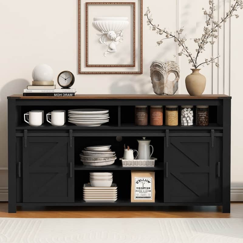 Farmhouse 59.3" Sideboard Buffet with Sliding Barn Doors and Open Storage for Living or Dining Spaces