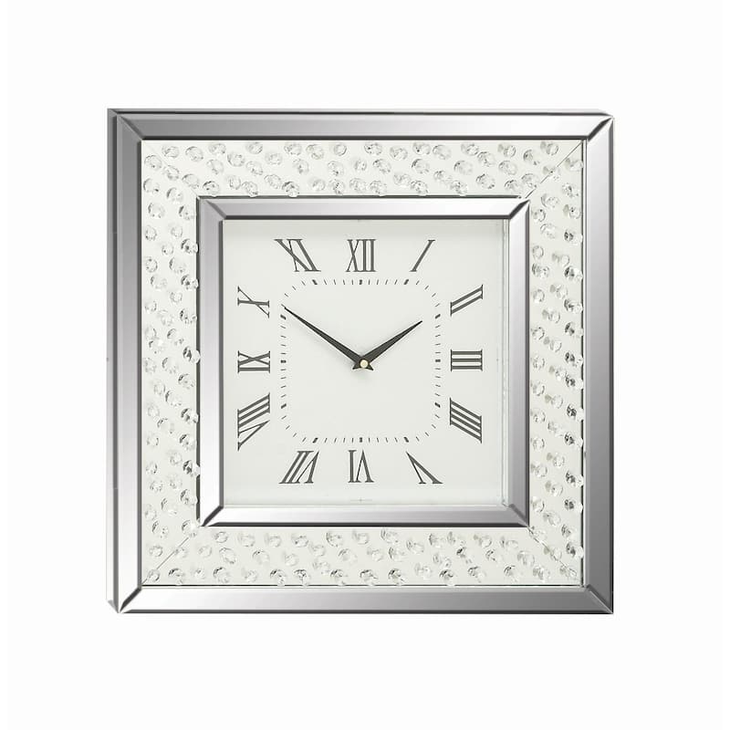 Wooden Mirrored Decorative Wall Clock with Floating Crystals - Silver - Roche River Decor - Silver