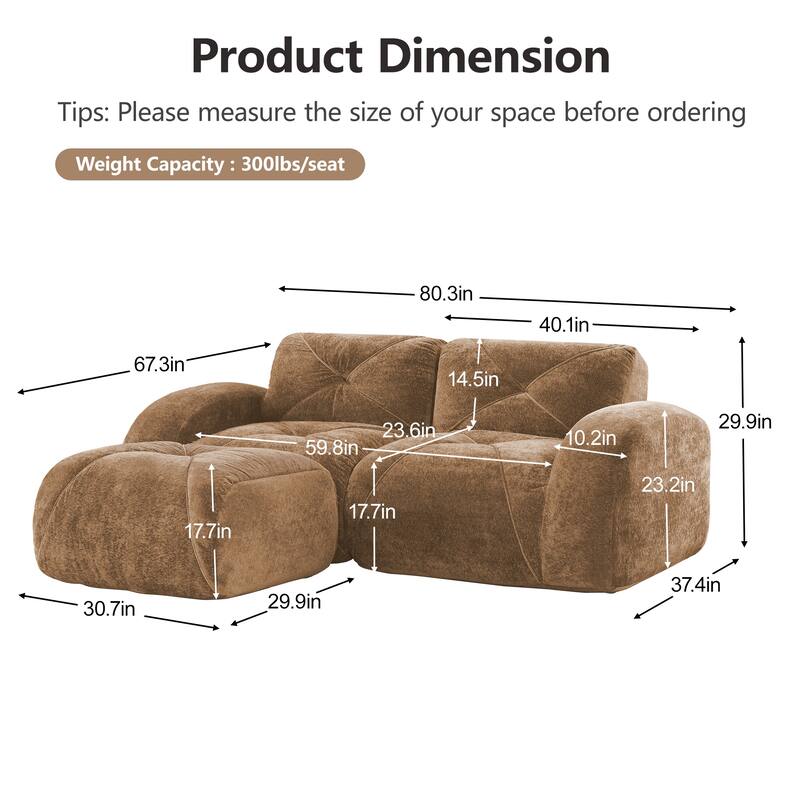 Rossetta 80'' Ergonomic Design Soft Velvet L-Shaped Boneless Sofa with 1 Movable Ottoman